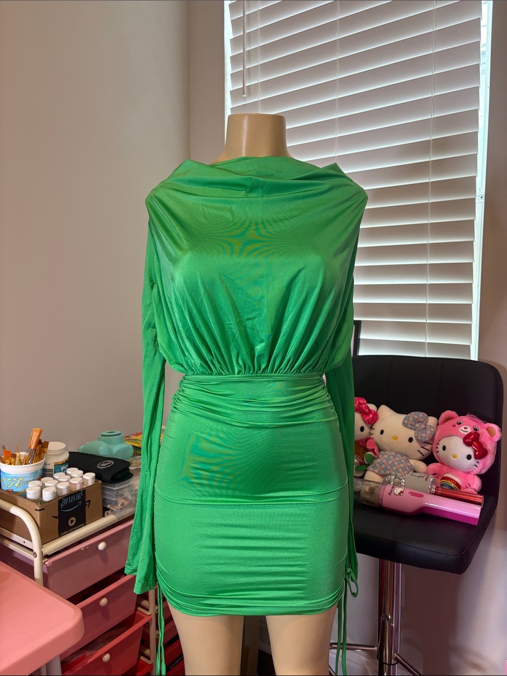 SHEIN Bright Green Ruched Long-Sleeve Mini Dress
